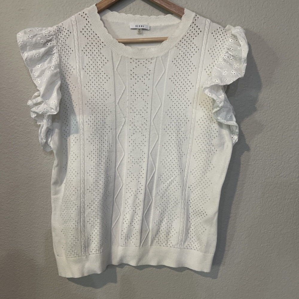 Sioni Shirt Womens Eyelet Ruffle Sleeve Pullover MEDIUM